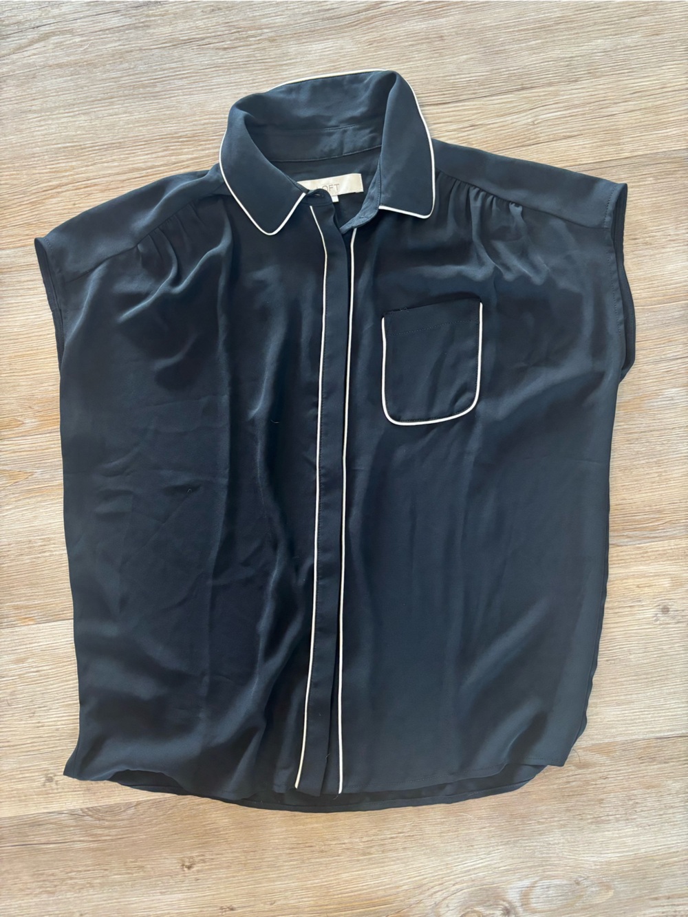 LOFT Black Button-Down Chiffon Blouse with White Piping